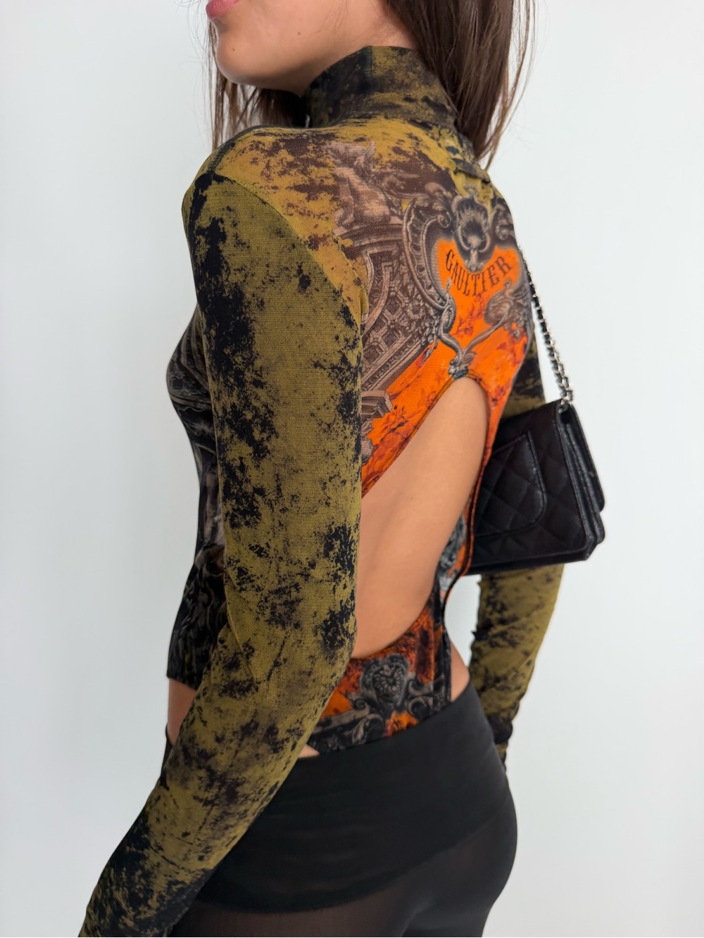 Jean Paul Gaultier Olive & Orange Baroque Mock Neck Bodysuit - Picture 3 of 7